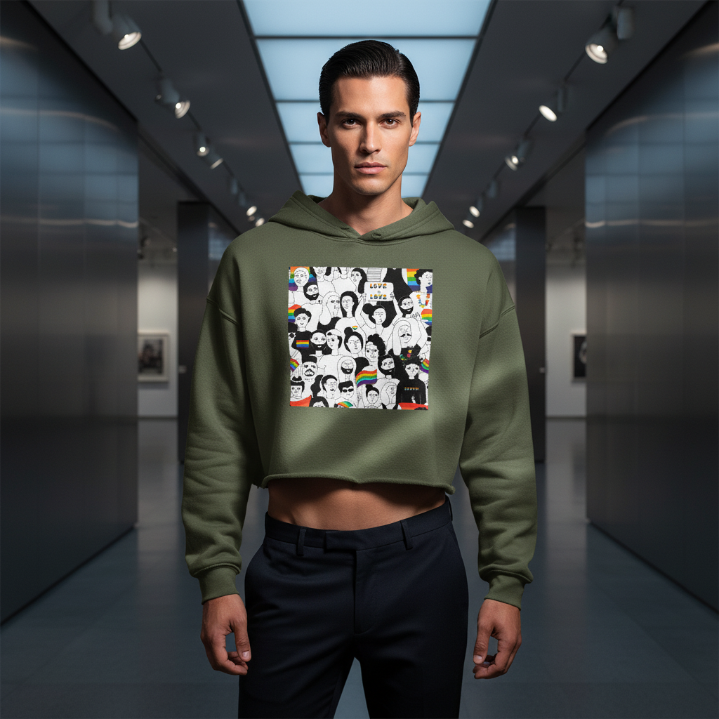 LGBT Pride crop hoodie with black-and-white comic graphic, worn by a man in black pants under bright modern hallway lights.