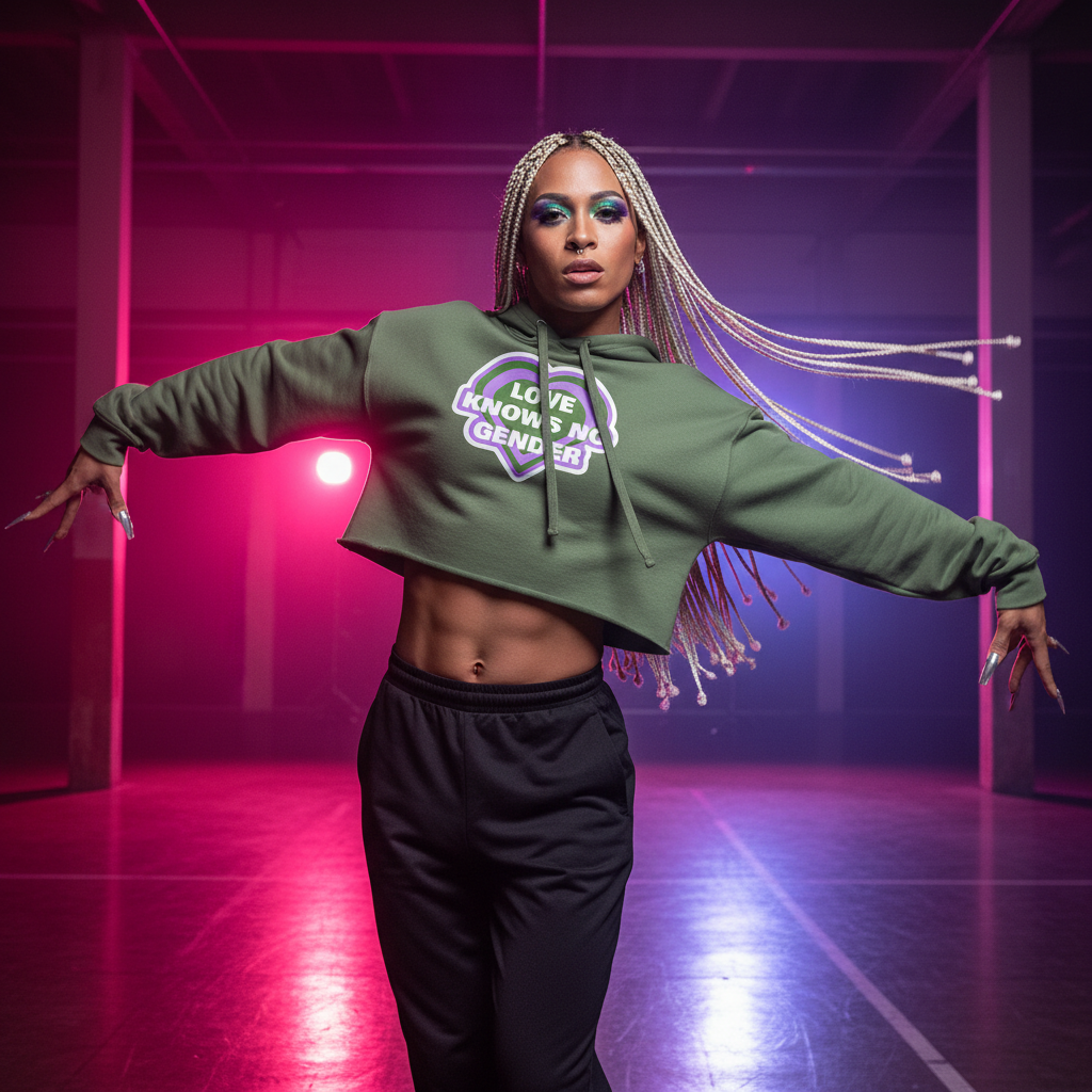 Genderqueer crop hoodie reading "Love Knows No Gender" in pink and purple light, worn by dancer with long braids and black pants.