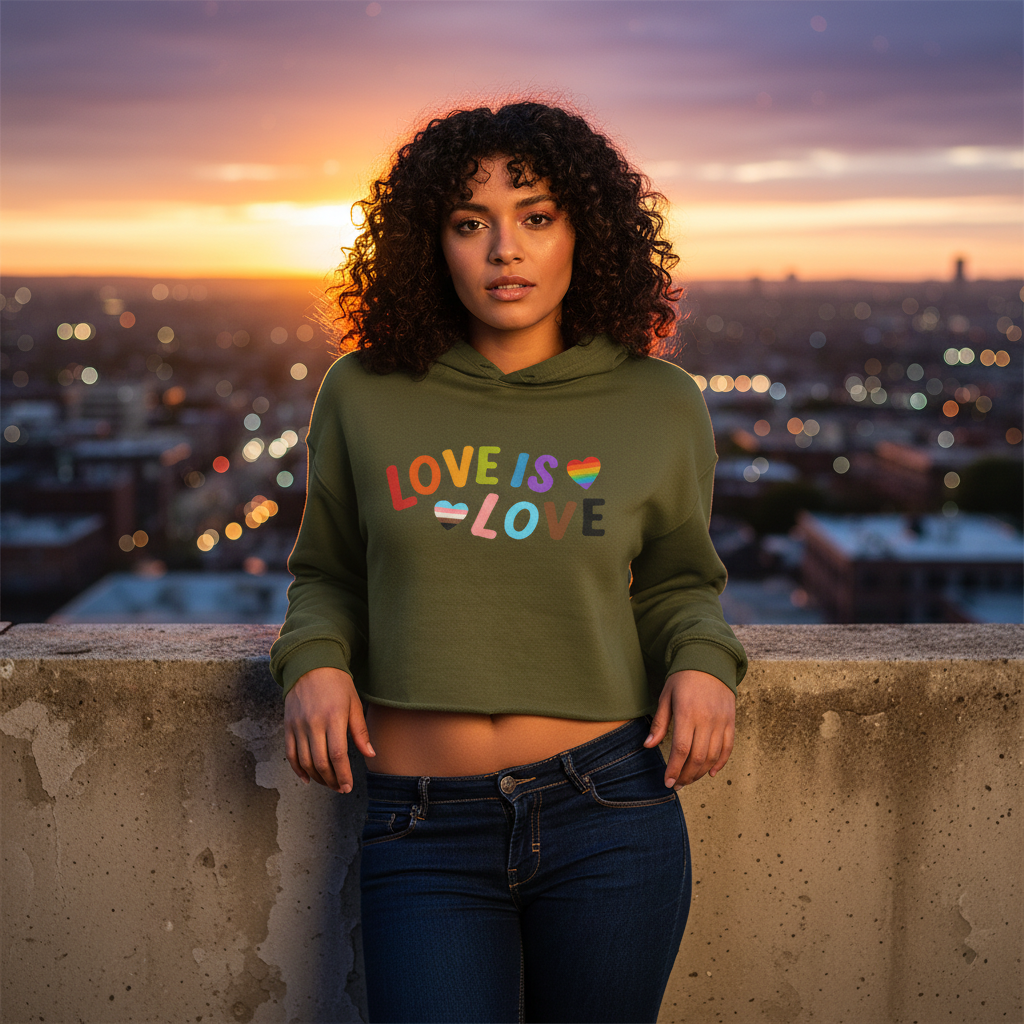 Green crop hoodie with bold "LOVE IS LOVE" rainbow letters and hearts, worn by a curly-haired woman on a rooftop at sunset.