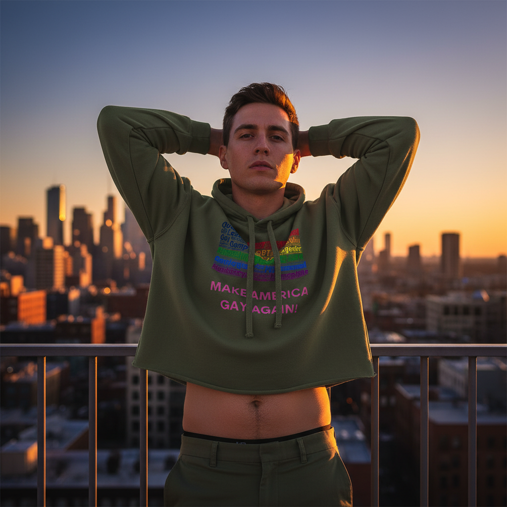Crop hoodie with “Make America Gay Again!” slogan, worn by a queer individual posing rooftop at sunset, city skyline glowing.