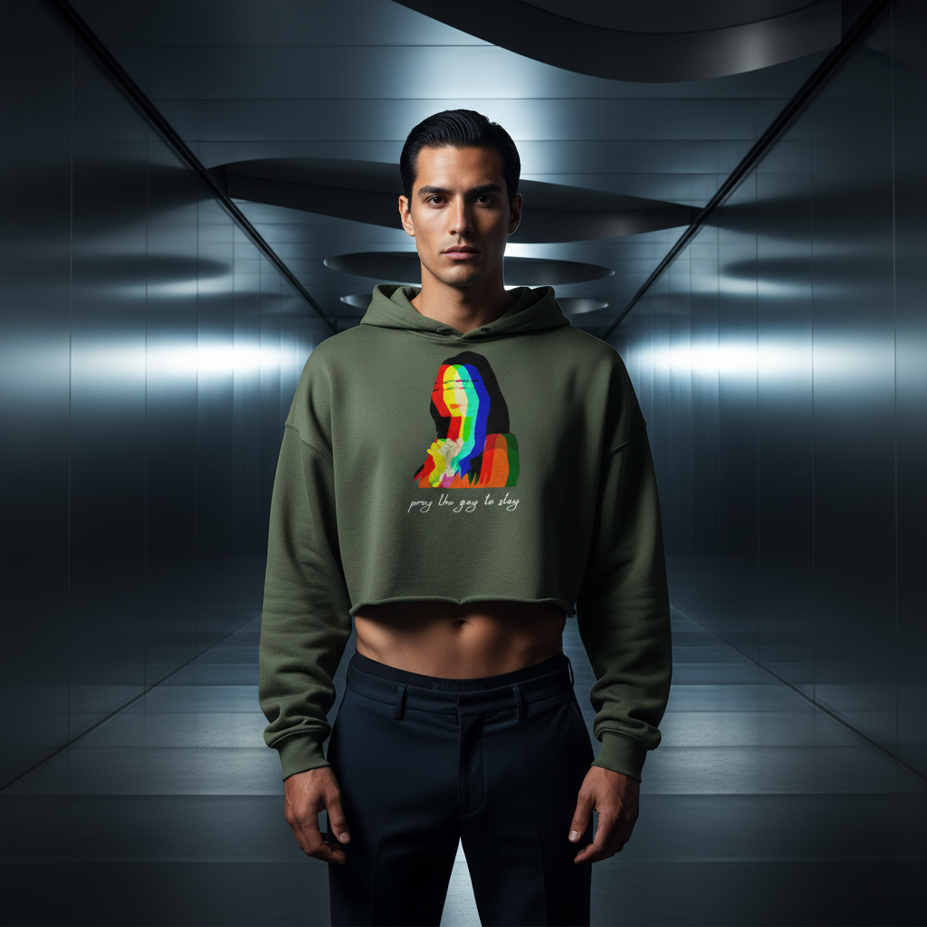 Pray The Gay To Stay crop hoodie with bold multicolor abstract portrait and slogan, modeled by a queer man in black pants.