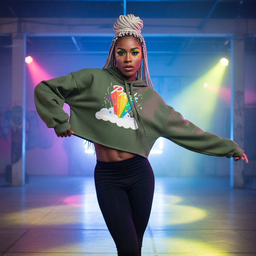 Pride Rainbow Crop Hoodie in bold rainbow colors, paired with black leggings; femme with blonde braids rocks a queer studio pose.