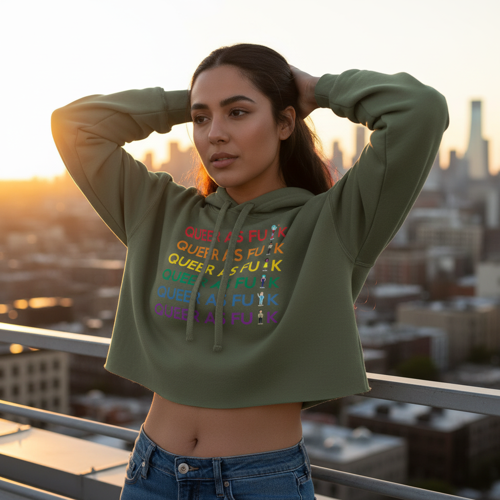 Green "Queer As Fu#k" crop hoodie on a young woman at sunset, bold text repping queer pride against the city skyline.