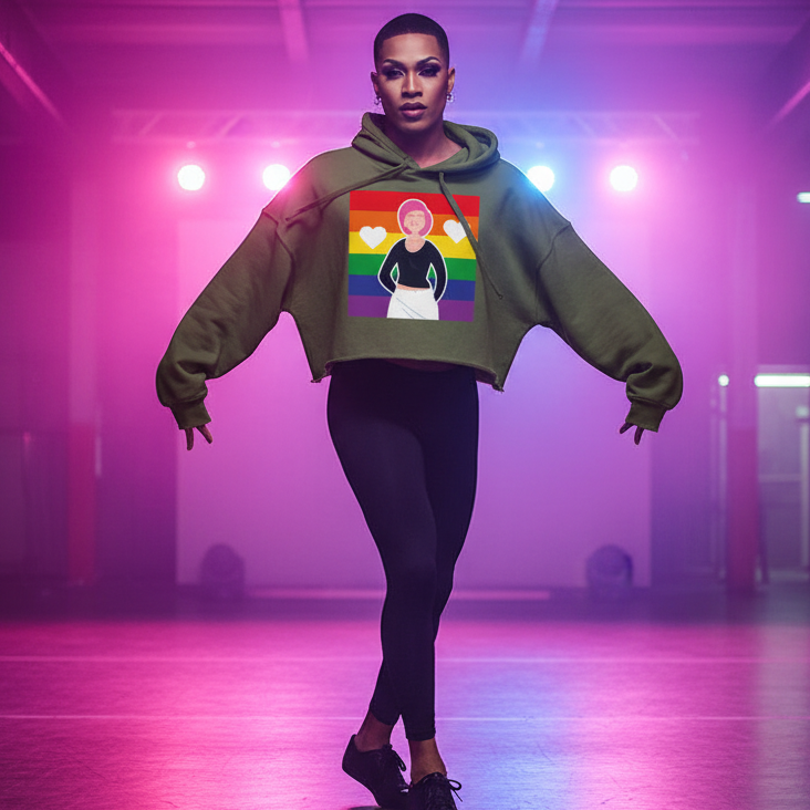 Crop hoodie reading “Queer Love Is Love Is Love” with rainbow design, paired with black leggings, worn proudly in bold pink-purple light.