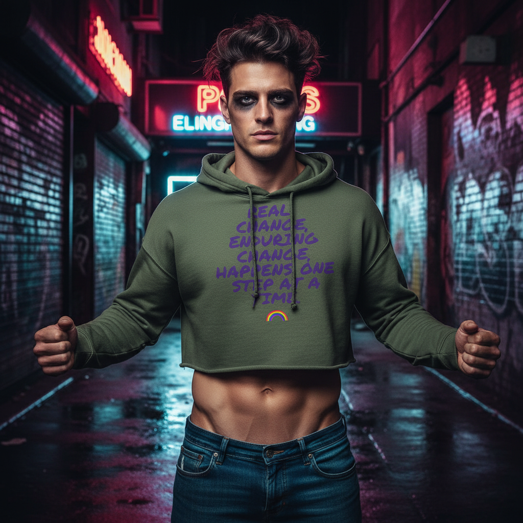 Olive green crop hoodie, cut above the abs, reads "Real change, enduring change, happens one step at a time!" in bold text.
