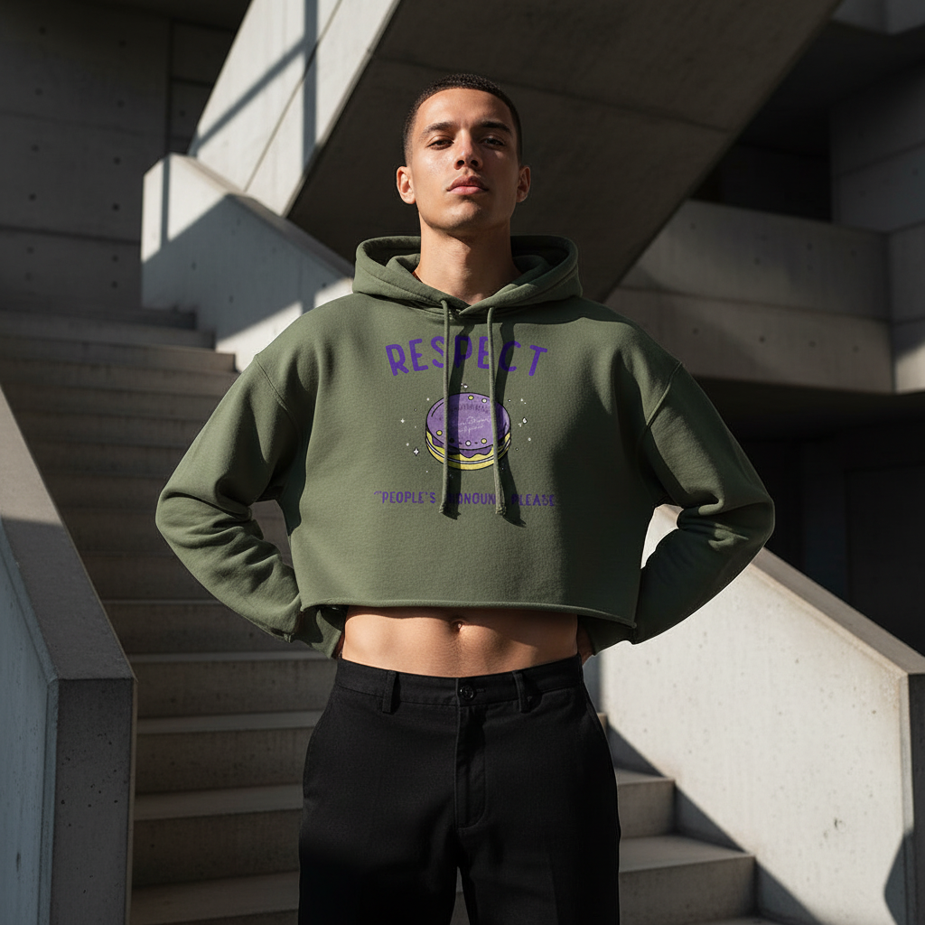 Olive green “Respect People's Pronouns Please” crop hoodie with bold purple graphic, queer pride vibe, styled with black pants.
