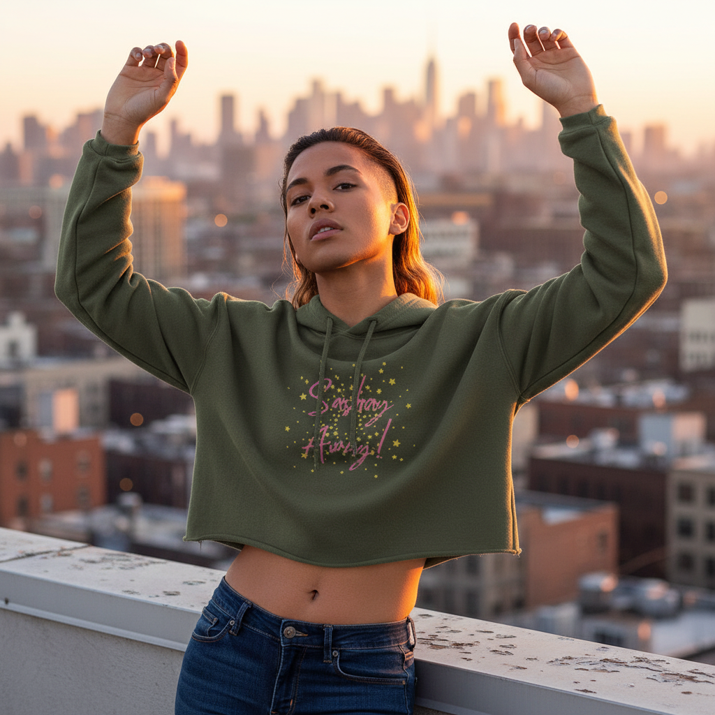 Sashay Away Crop Hoodie with “Shining Through!” in rainbow text and stars, worn rooftop at sunset, city skyline aglow.
