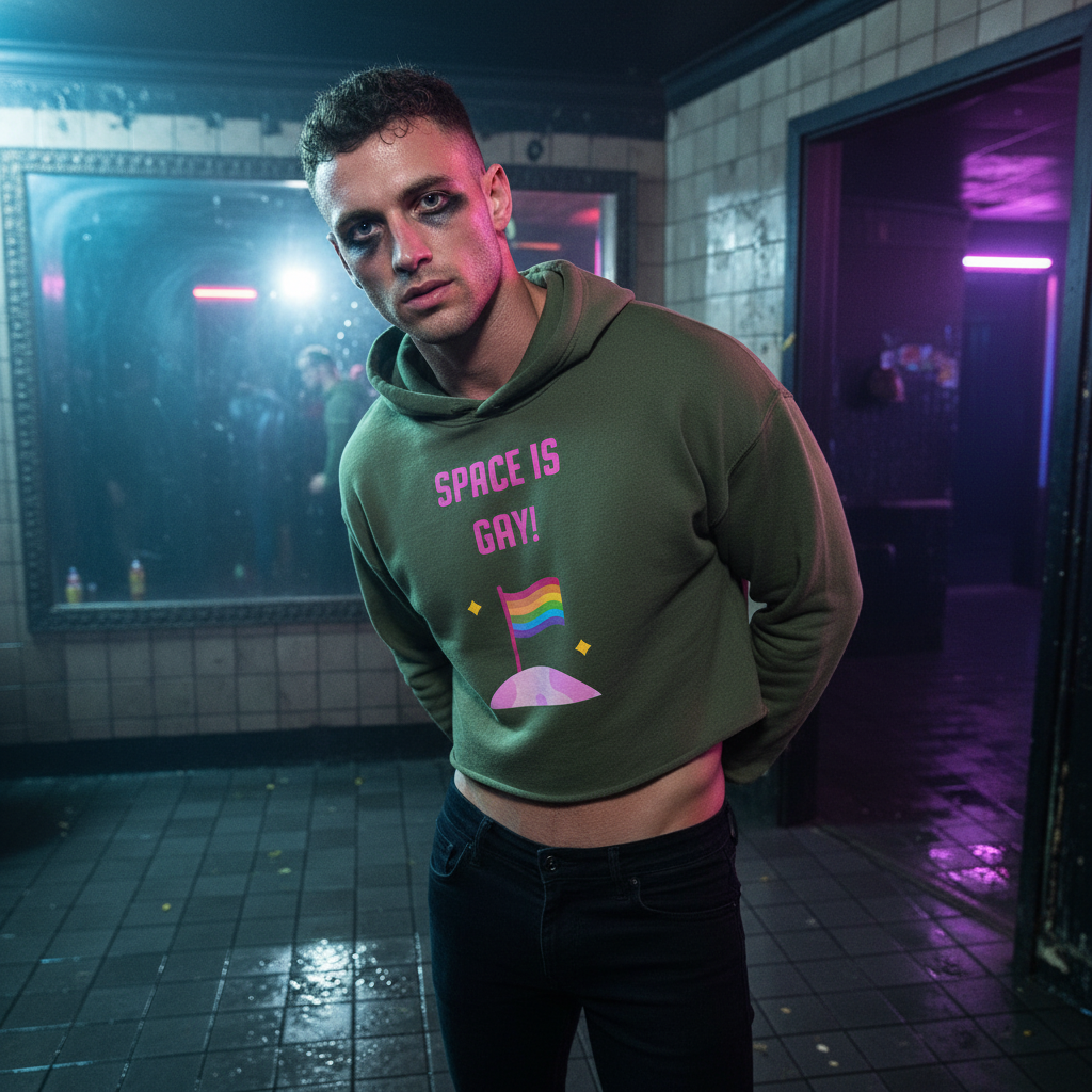 Crop hoodie in olive green with a rainbow pride planet, worn by a young man with smudged eyeliner and dark jeans in neon light.