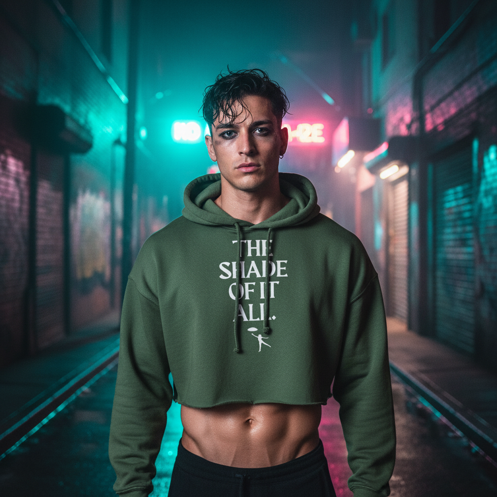 The Shade Of It All Crop Hoodie pops in neon light as a young man with wet hair and bold makeup stands by pride signs and graffiti.