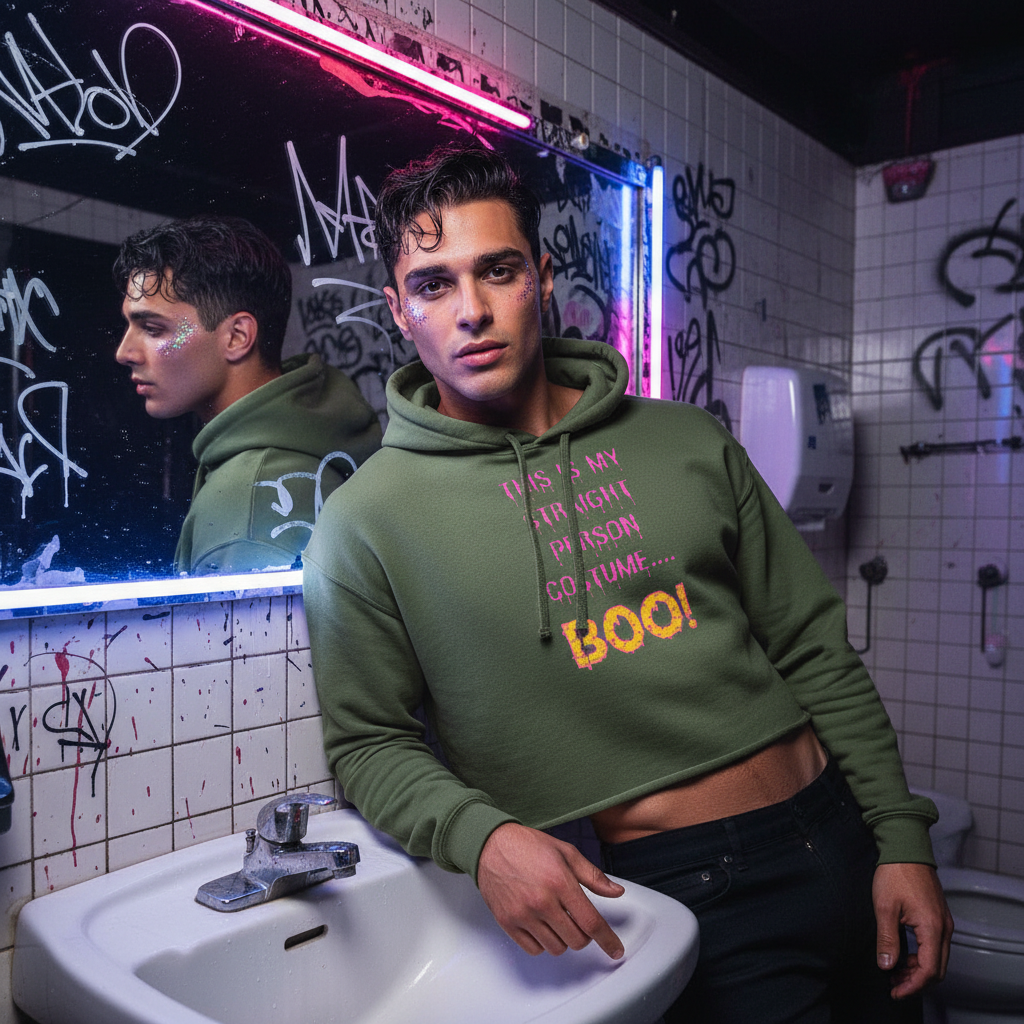 Crop hoodie reading “This Is My Straight Person ...Boo!” on a young man with glitter, leaning in a neon-lit queer club bathroom.