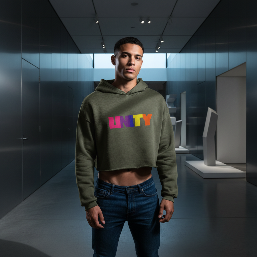 Unity Crop Hoodie with “UNITY” in rainbow block letters, rocked by a young man in blue jeans; minimalist gallery backdrop.