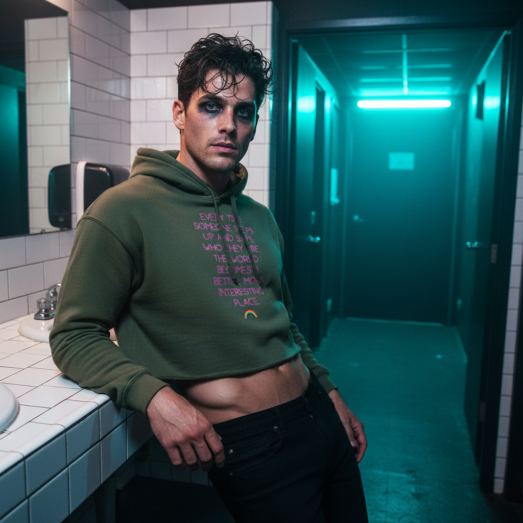 Olive green Every Time Someone Steps Up Crop Hoodie worn by a young man with smudged eye makeup, leaning at a sink in neon-lit restroom.