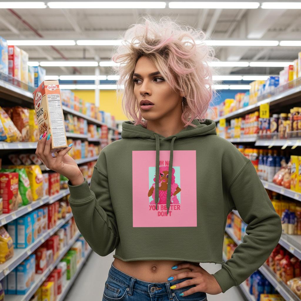 A young person examines cereal, showcasing the Oh No You Betta Don't Crop Hoodie. This olive-green hoodie highlights queer pride with its trendy raw hem and empowering statement, embodying self-expression and LGBTQIA+ visibility.