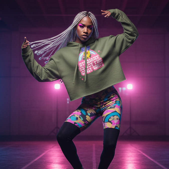 Straight Is Not The Only Way! Crop Hoodie" in a sporty dance studio, paired with vibrant graphic leggings; pink lights glow on her silver braids and fierce makeup.