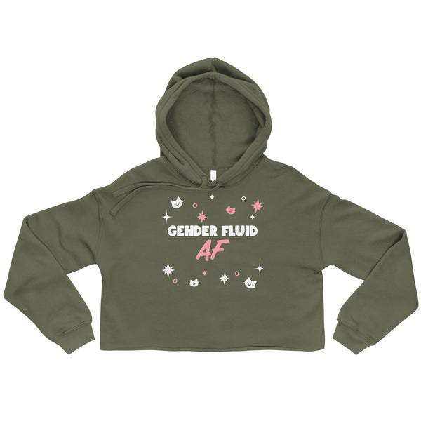 Front-facing olive cropped hoodie with a hood and “GENDER FLUID AF” graphic with cats and stars