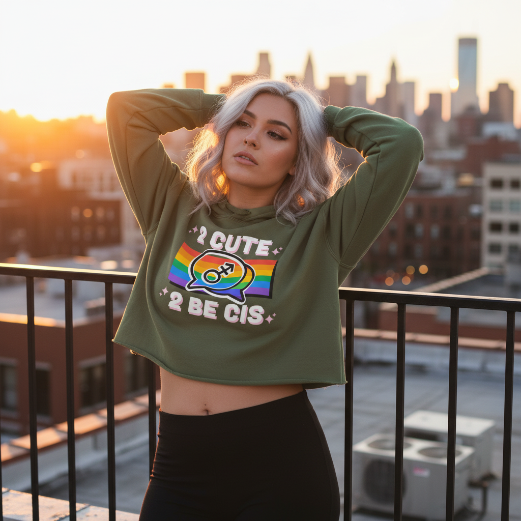 2 Cute 2 Be Cis crop hoodie in green with rainbow graphic, worn by a silver-haired woman at sunset, repping queer pride on a rooftop.