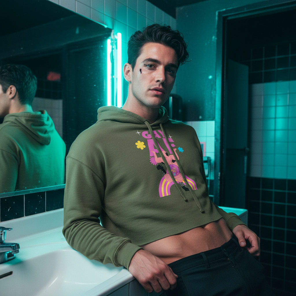 Gay AF Crop Hoodie with a vibrant queer graphic, worn by a dark-haired man in black pants; neon blue-lit tiled bathroom scene.