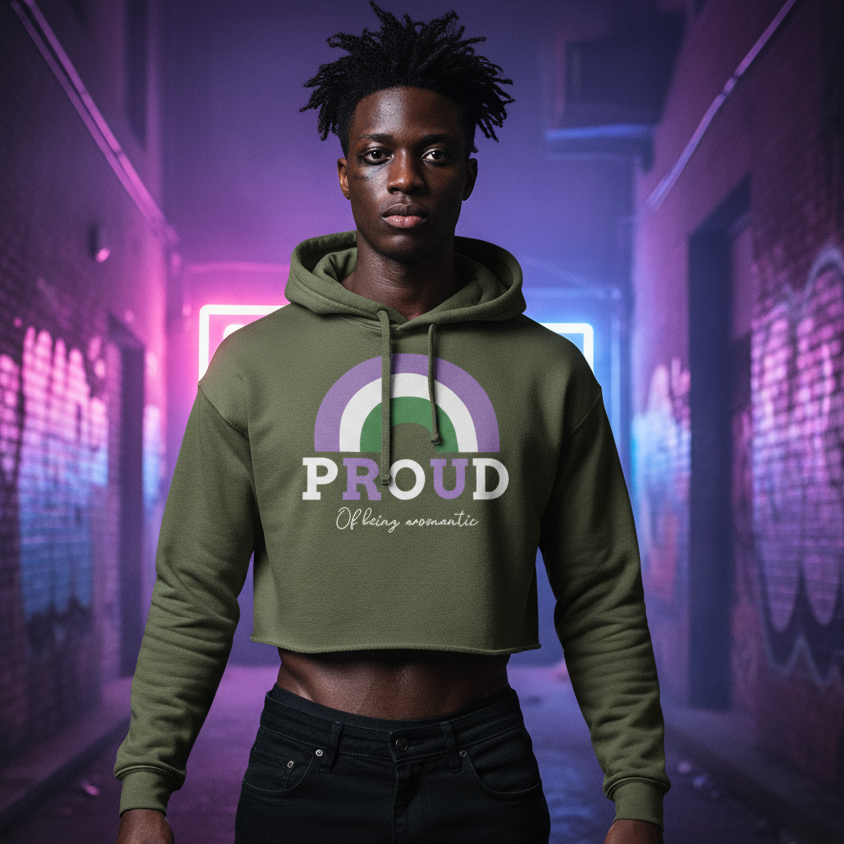Proud Of Being Aromantic Crop Hoodie with an aromantic rainbow pops on a young Black man in a neon pink and blue alley.