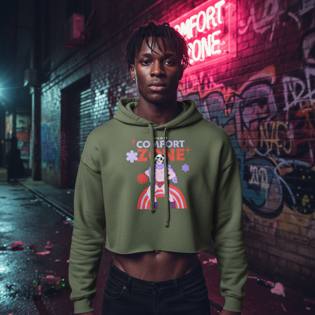 Green crop hoodie with colorful illustrations and "Comfort Zone" text, worn by a young man in a neon-lit graffiti alley at night.