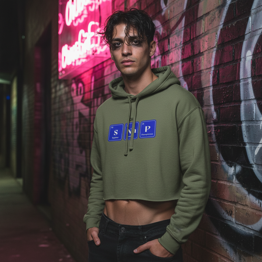 Oh! SNaP Crop Hoodie, green with blue labels, styled by a young man in black pants at night under neon pink by queer graffiti wall.