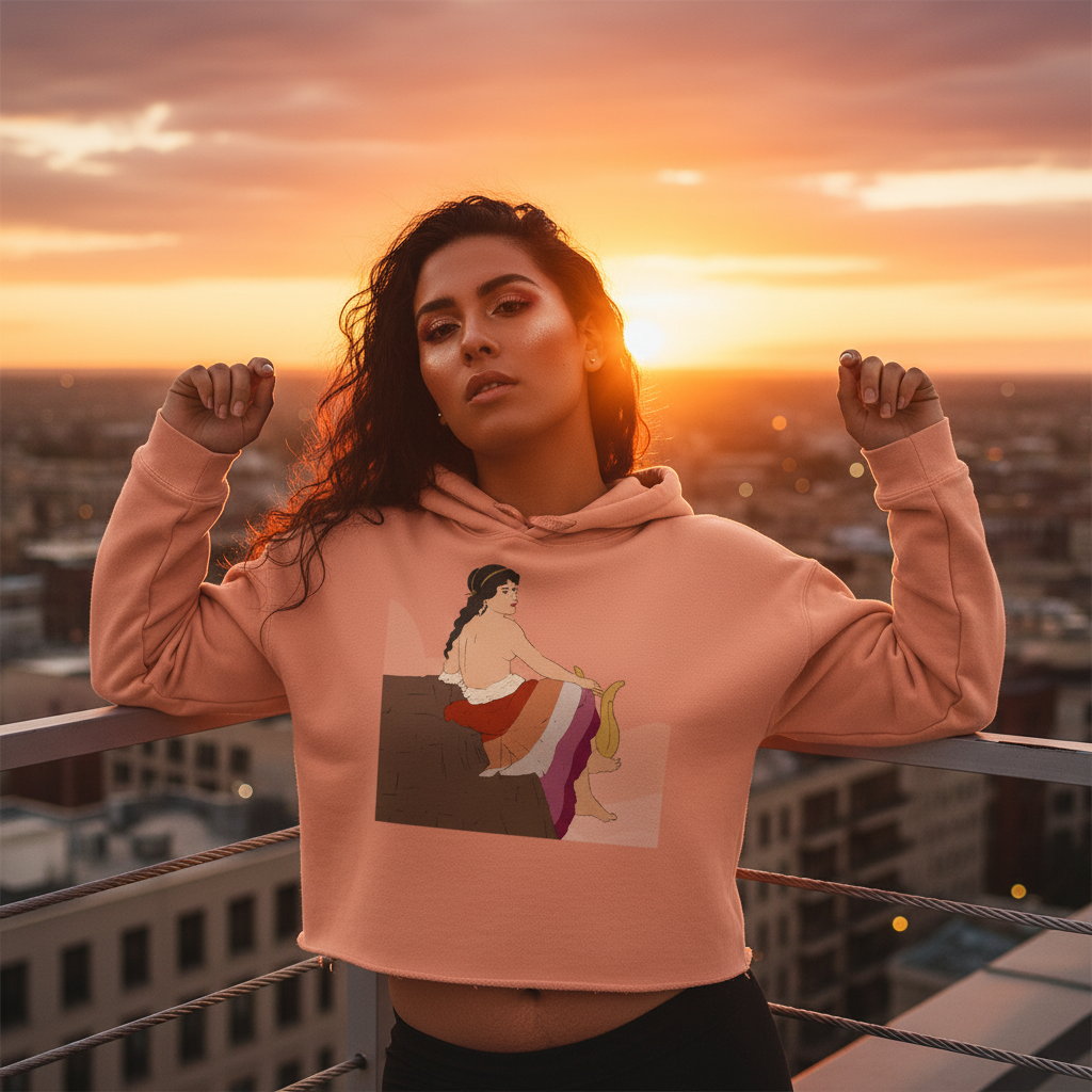 Sappho of Lesbos crop hoodie—peach, features a seated woman in classical dress and an orange sky; queer icon vibes on a rooftop.