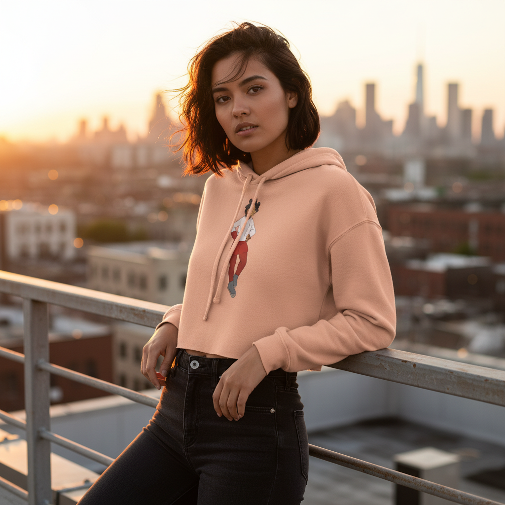 Sporty Dyke Crop Hoodie, cozy grey, worn by a short-haired woman in black jeans at sunset—rooftop queer style, city backdrop.