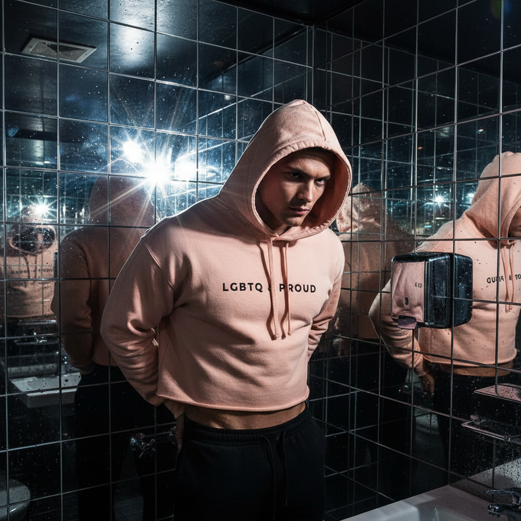 LGBTQ & Proud crop hoodie on a serious person in a dim, mirrored bathroom; bold queer style, hands back, bright camera flashes.