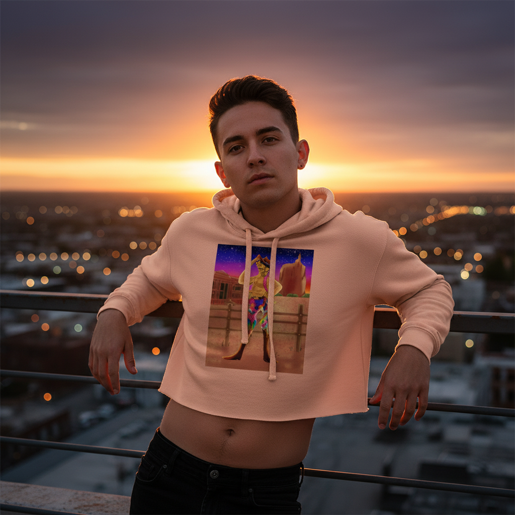 Gay Cowboy At Sunset Crop Hoodie in vibrant, bold colors worn by a young man on a rooftop at sunset; queer fashion vibes.