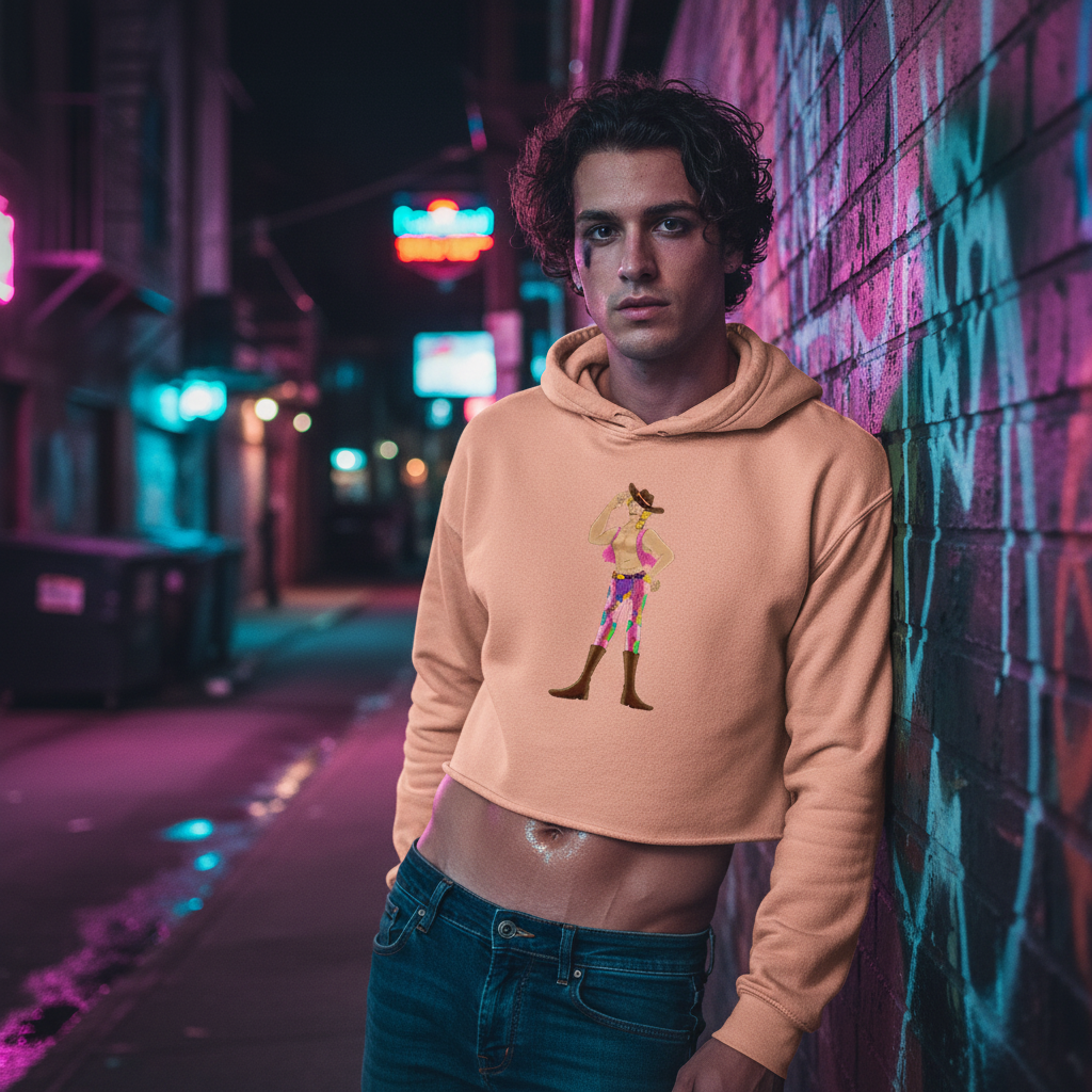 Gay Cowboy Crop Hoodie with a bold, colorful cowboy graphic worn by a curly-haired man in pink and blue neon, leaning on graffiti.