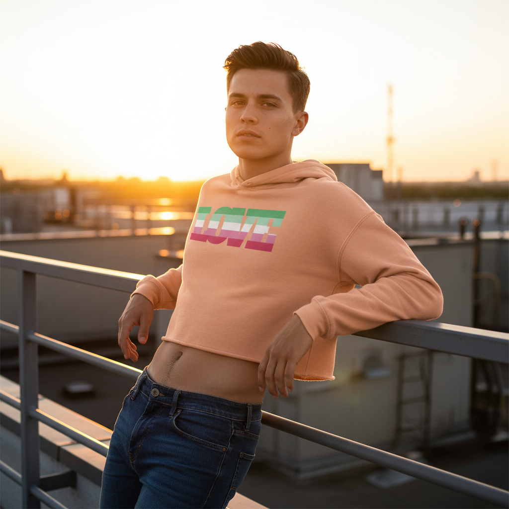 Abrosexual Pride crop hoodie, peach with "LOVE" in green, white, pink stripes, worn by a young man on a rooftop at sunset.