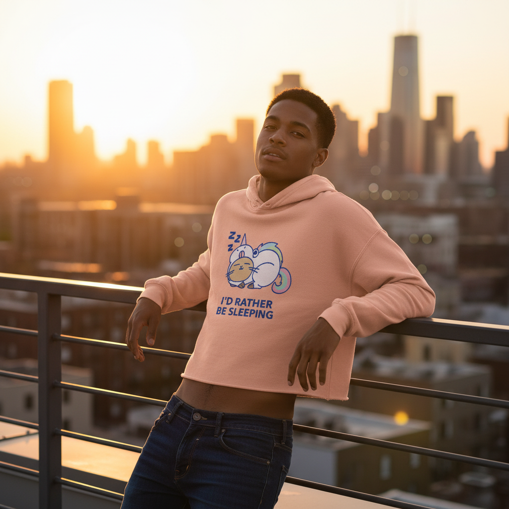 “I’d Rather Be Sleeping” crop hoodie with a sleeping cartoon animal, worn by a young man in dark jeans on a rooftop at sunset, city skyline behind—queer, fresh, and cozy vibes.