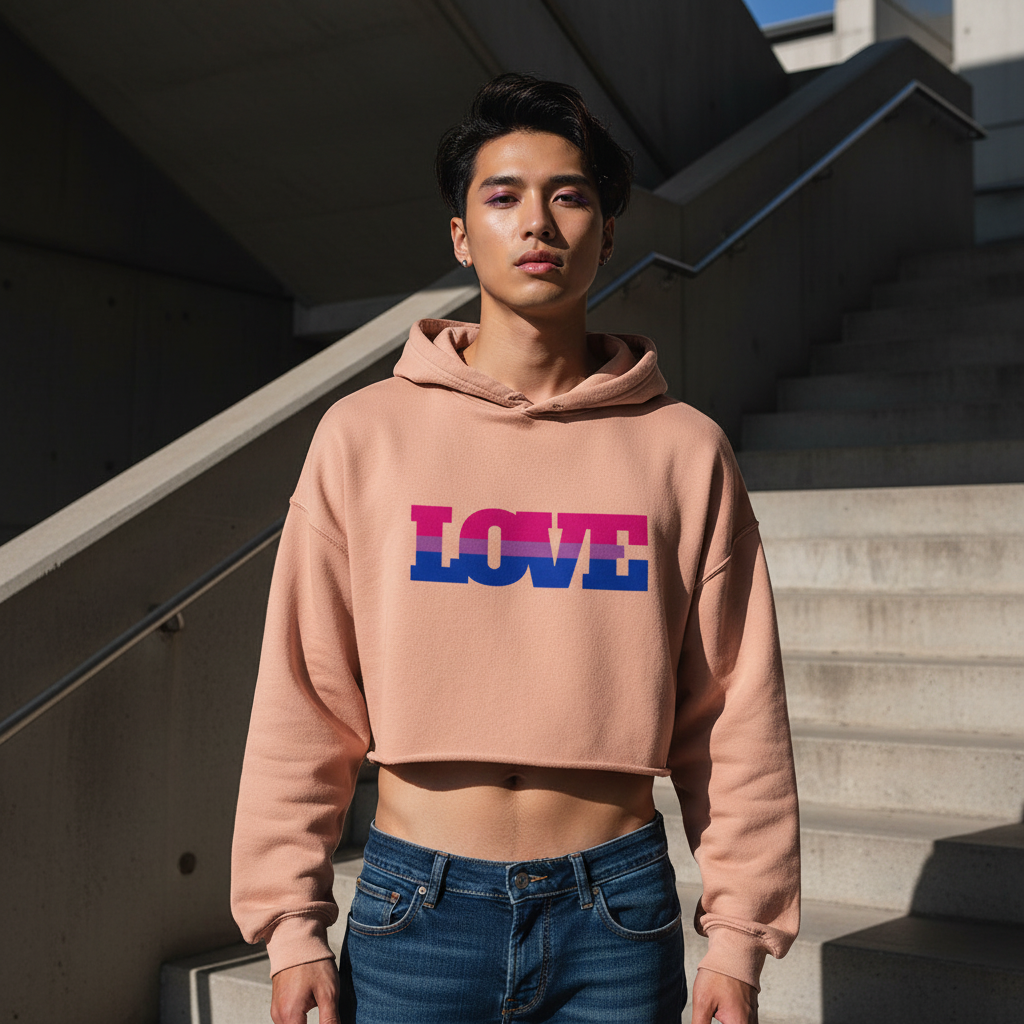 Bisexual Love Crop Hoodie, peach with “LOVE” in bi flag blue, pink, and purple; worn outdoors by stairs, repping queer style.