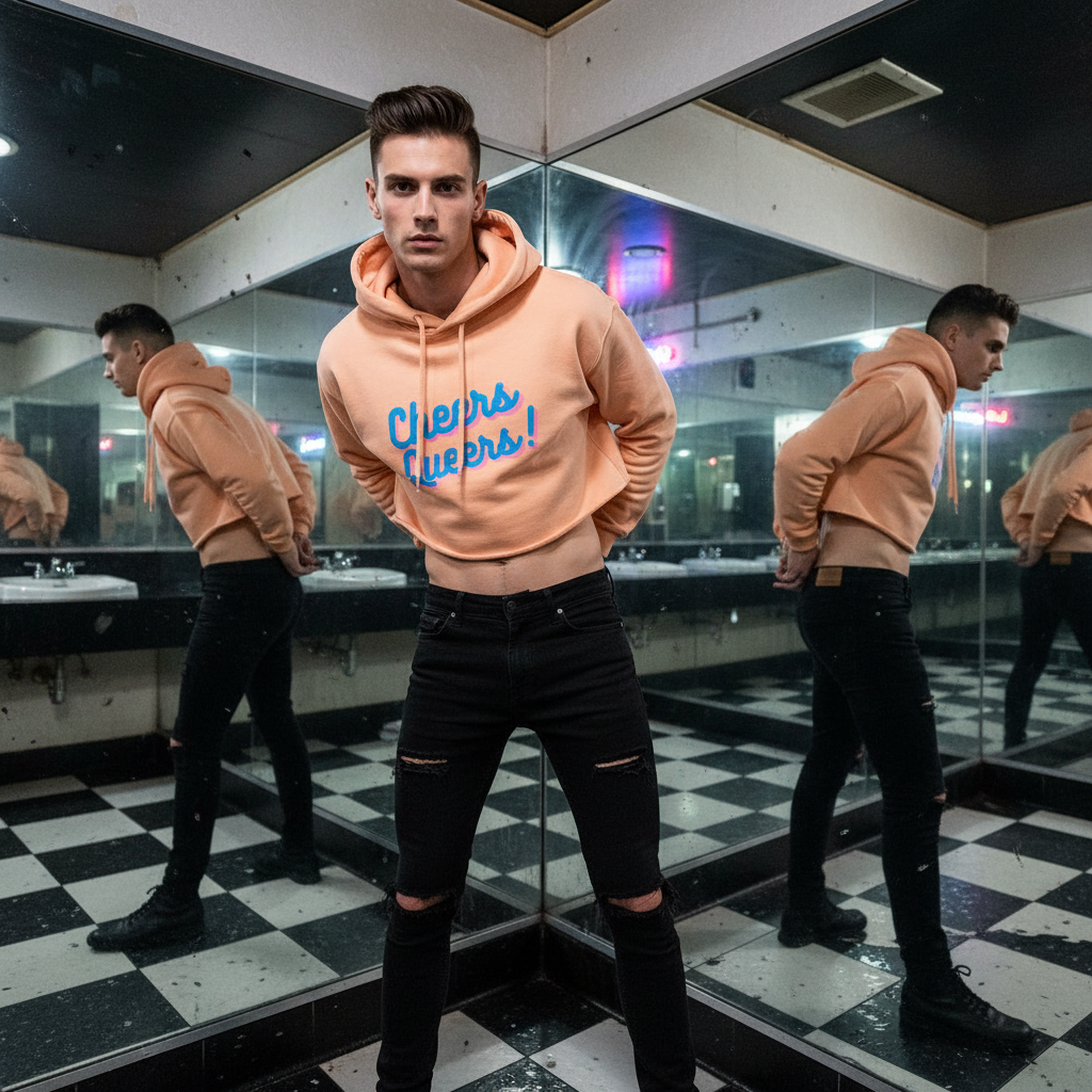 Crop hoodie with “Cheers Queers!” slogan, worn by a young man with ripped black jeans in a retro checkered tile bathroom.