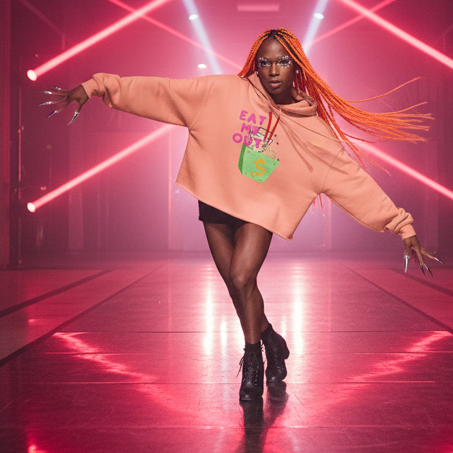 Peach Eat Me Out Crop Hoodie with bold text and green graphic, worn by a person with orange braids, black shorts, boots, silver nails.