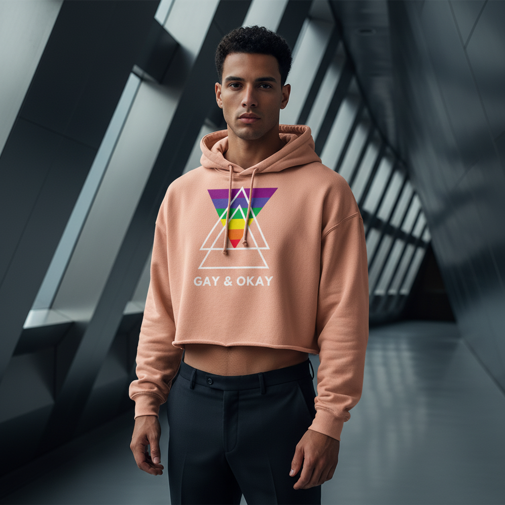 Gay & OK Crop Hoodie in peach with a rainbow heart and geometric print, modeled by a person amid metal and glass hallway vibes.
