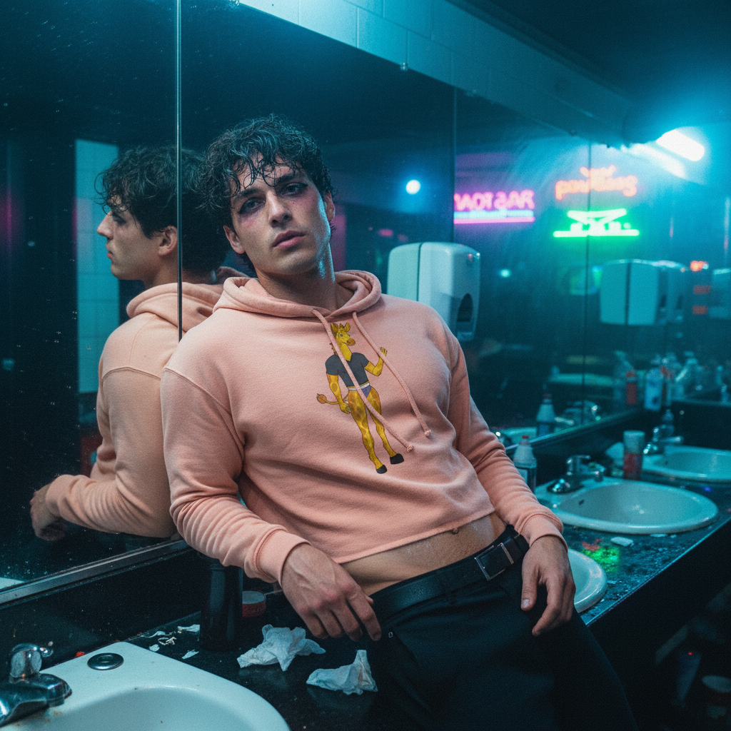 Gay Giraffe Crop Hoodie worn by a young man in a dim, cluttered bathroom, neon lights outside popping with queer pride and playful vibes.