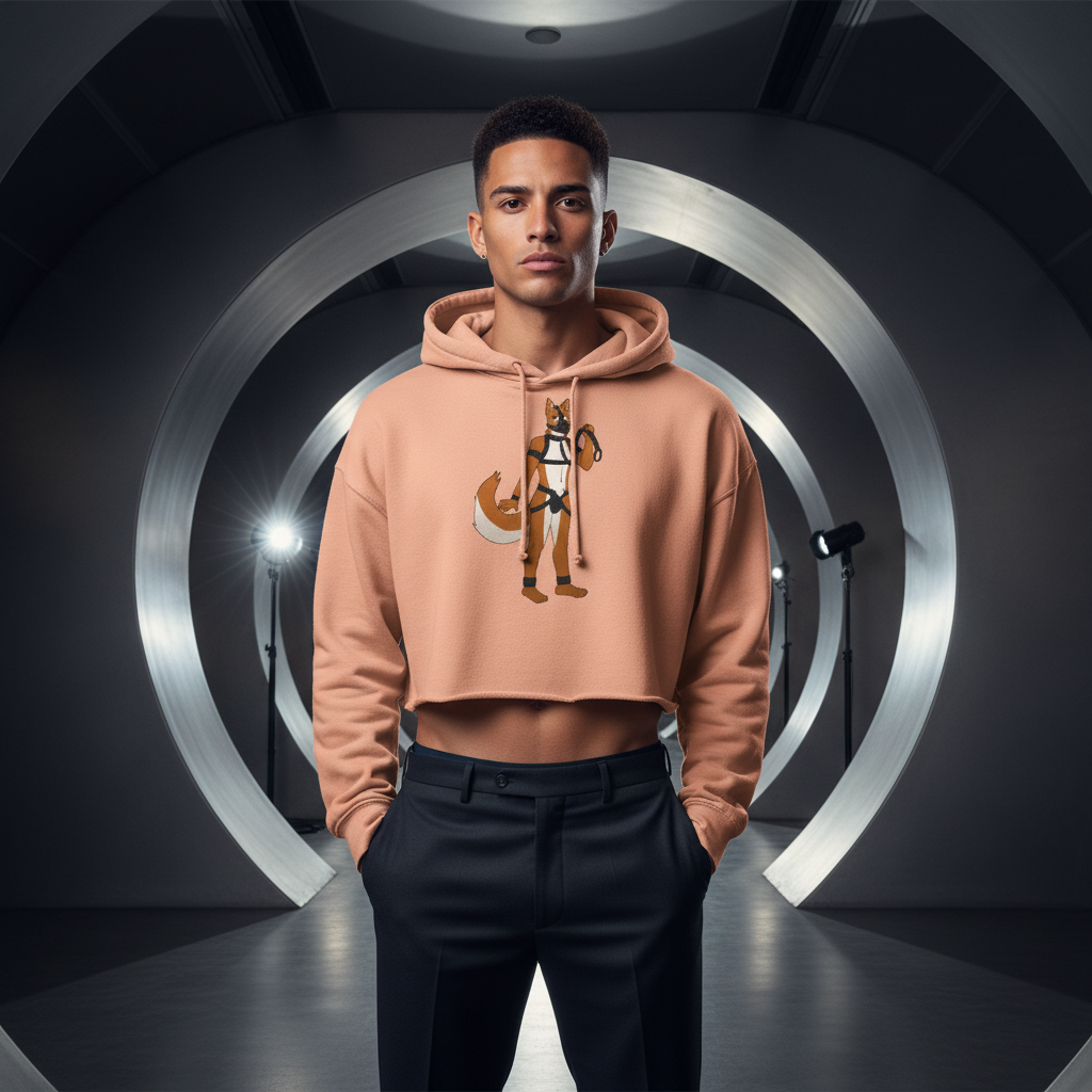 Gay Pup Crop Hoodie with a cartoon fox graphic, paired with black trousers—model owning queer style in a metallic tunnel studio.