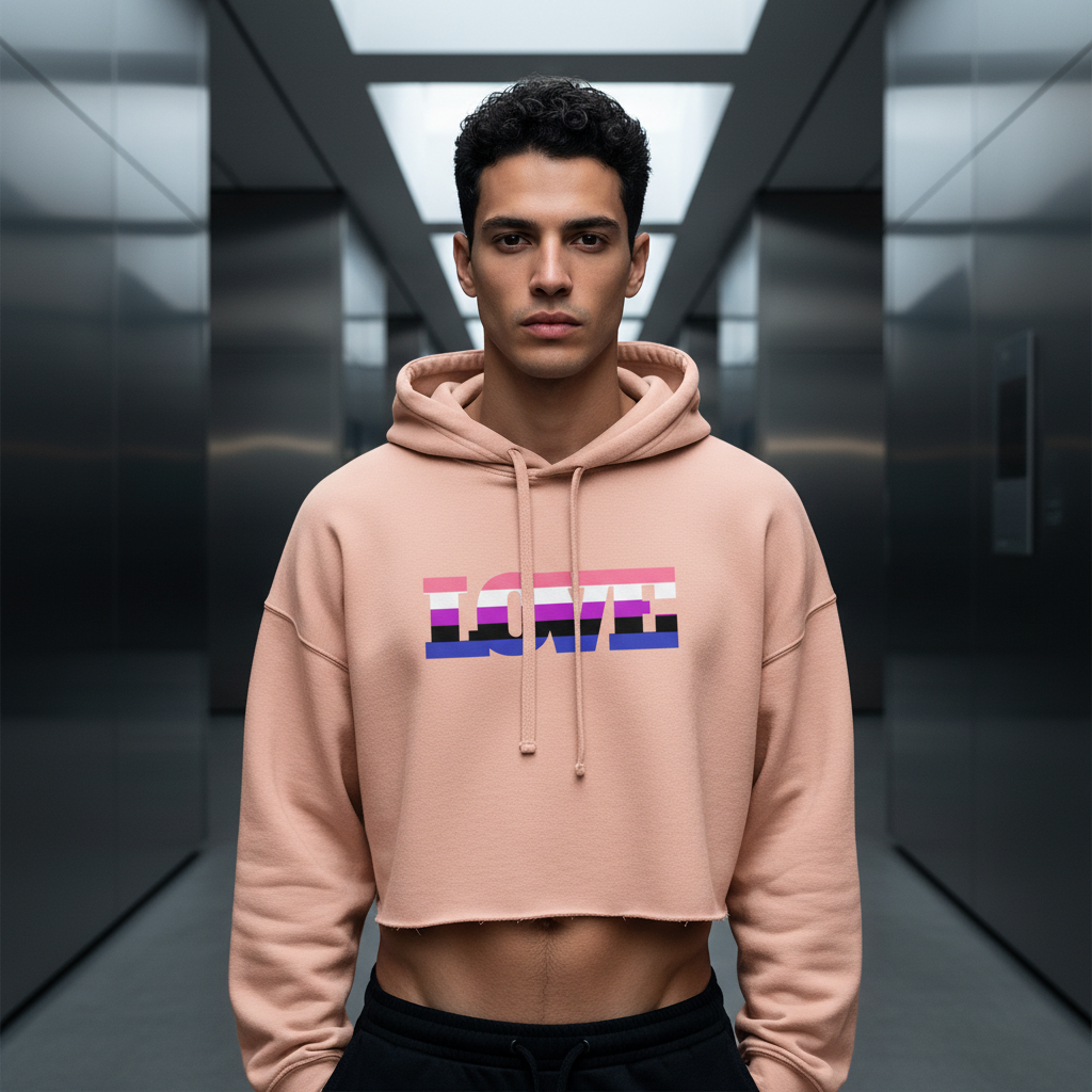 Genderfluid Love Crop Hoodie in peach with bold “LOVE” print, modeled by a young man with short curls in a sleek hallway.