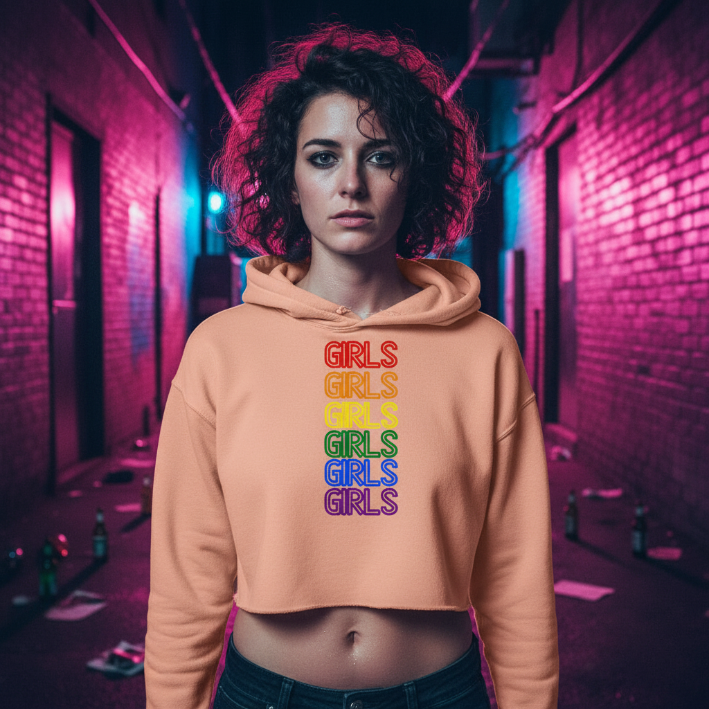 Girls Girls Girls Crop Hoodie: peach, cropped, “GIRLS” in rainbow colors for queer pride; worn by a curly-haired woman in a neon alley.