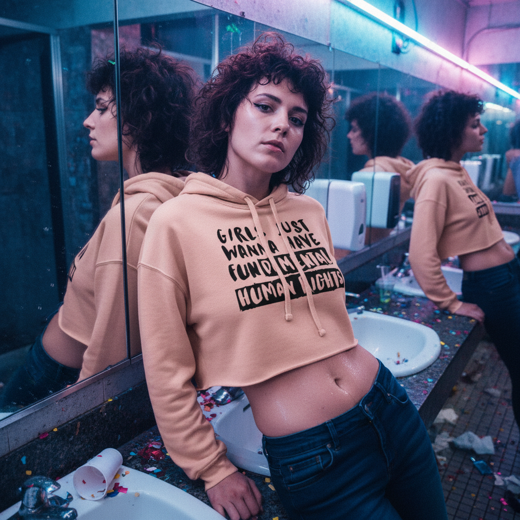 Crop hoodie with “Girls Just Wanna Have Fundamental Human Rights” slogan, worn by a queer woman in a neon-lit bathroom.