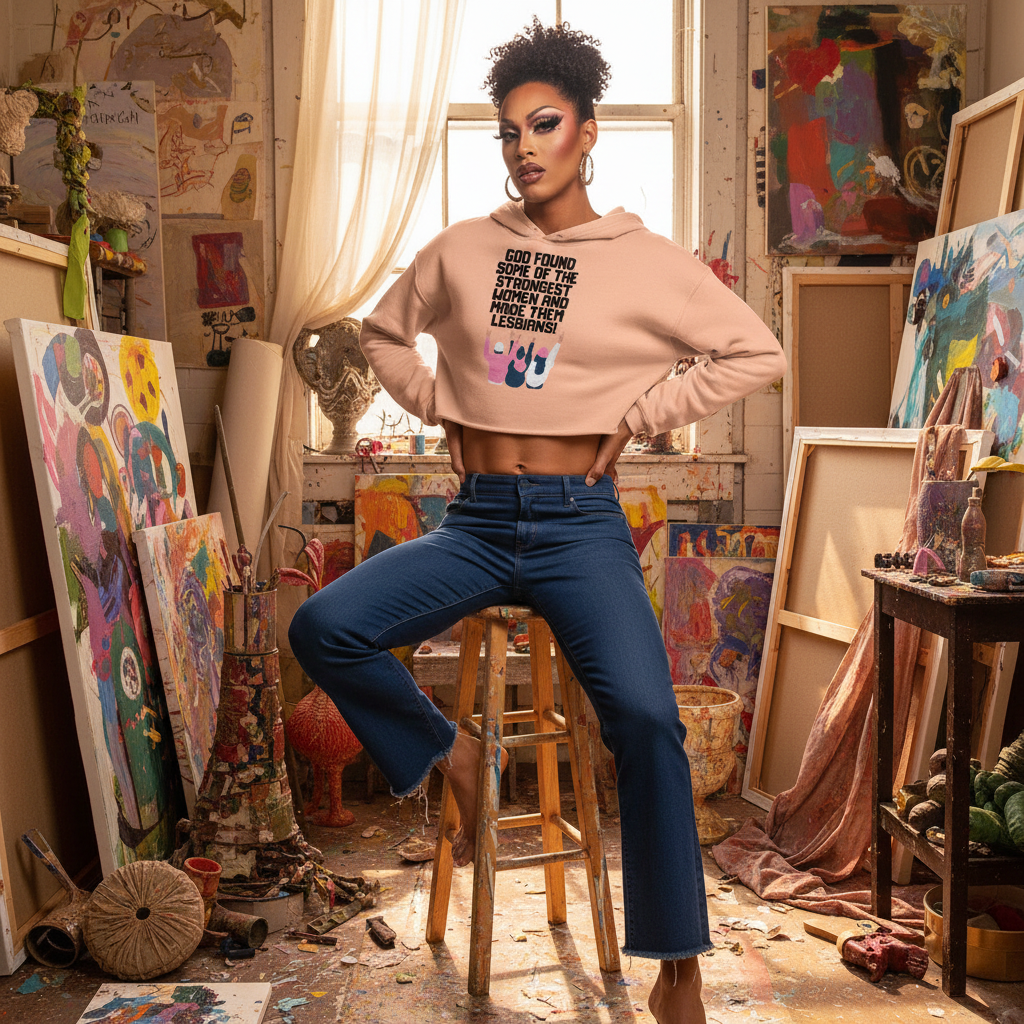 God Found The Strongest Women" crop hoodie worn by a queer person with bold makeup in a colourful art studio full of pride.