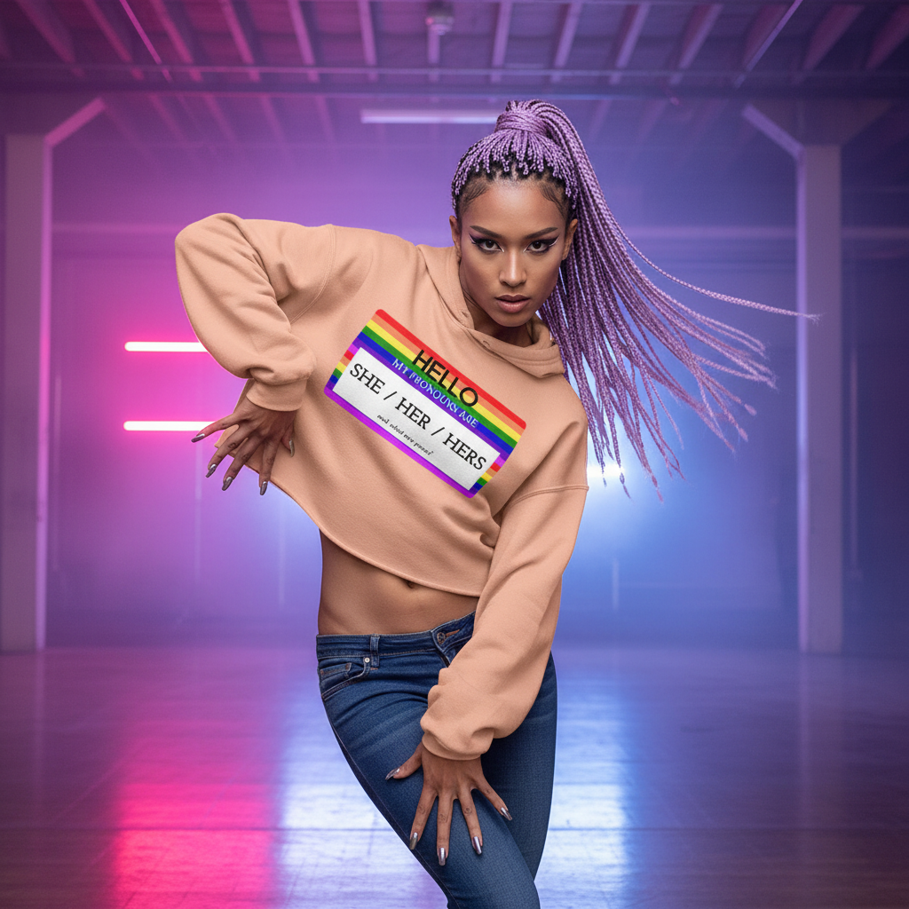 Hello My Pronouns Are She / Her / Hers" crop hoodie, rocked by a queer babe with lavender braids, pops under pink-blue club lights.