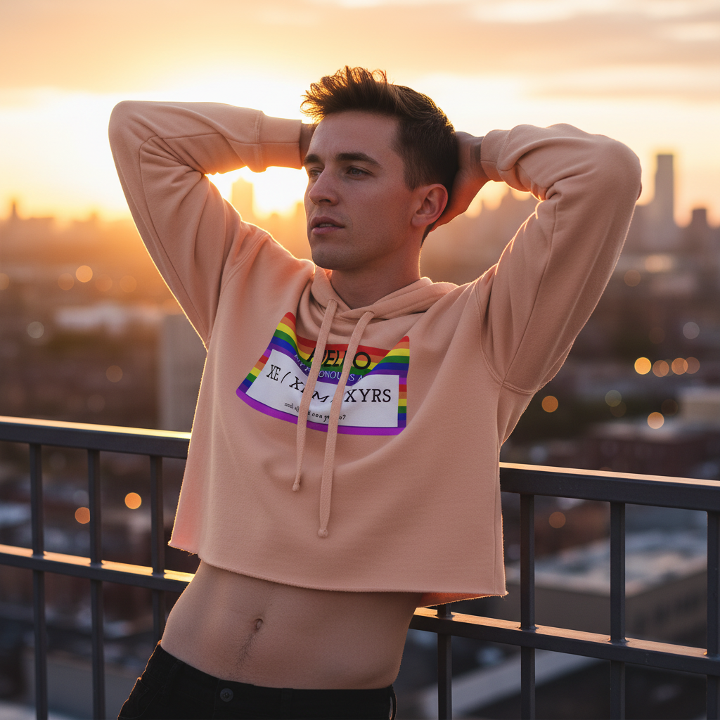 Crop hoodie reads “Hello My Pronouns Are Xe / Xem / Xyrs”; brown-haired youth in queer fashion, sunset rooftop, city blur.