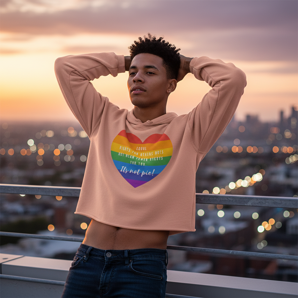 It's Not Pie Crop Hoodie with rainbow heart and "Equal rights for others does not mean fewer rights for you. It’s not pie!" worn by a young person on a sunset rooftop, queer joy against glowing city lights.