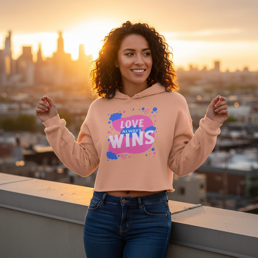 Love Always Wins peach crop hoodie with pink and blue text, worn by a smiling woman on a rooftop at sunset, queer fashion vibes.