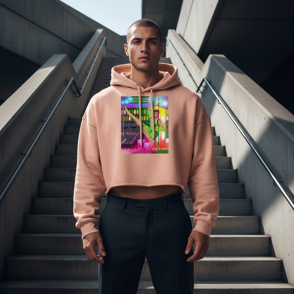 Love At A Gay GoGo Bar crop hoodie with bold abstract chest art, worn by a short-haired person on sunny steps with queer vibes.
