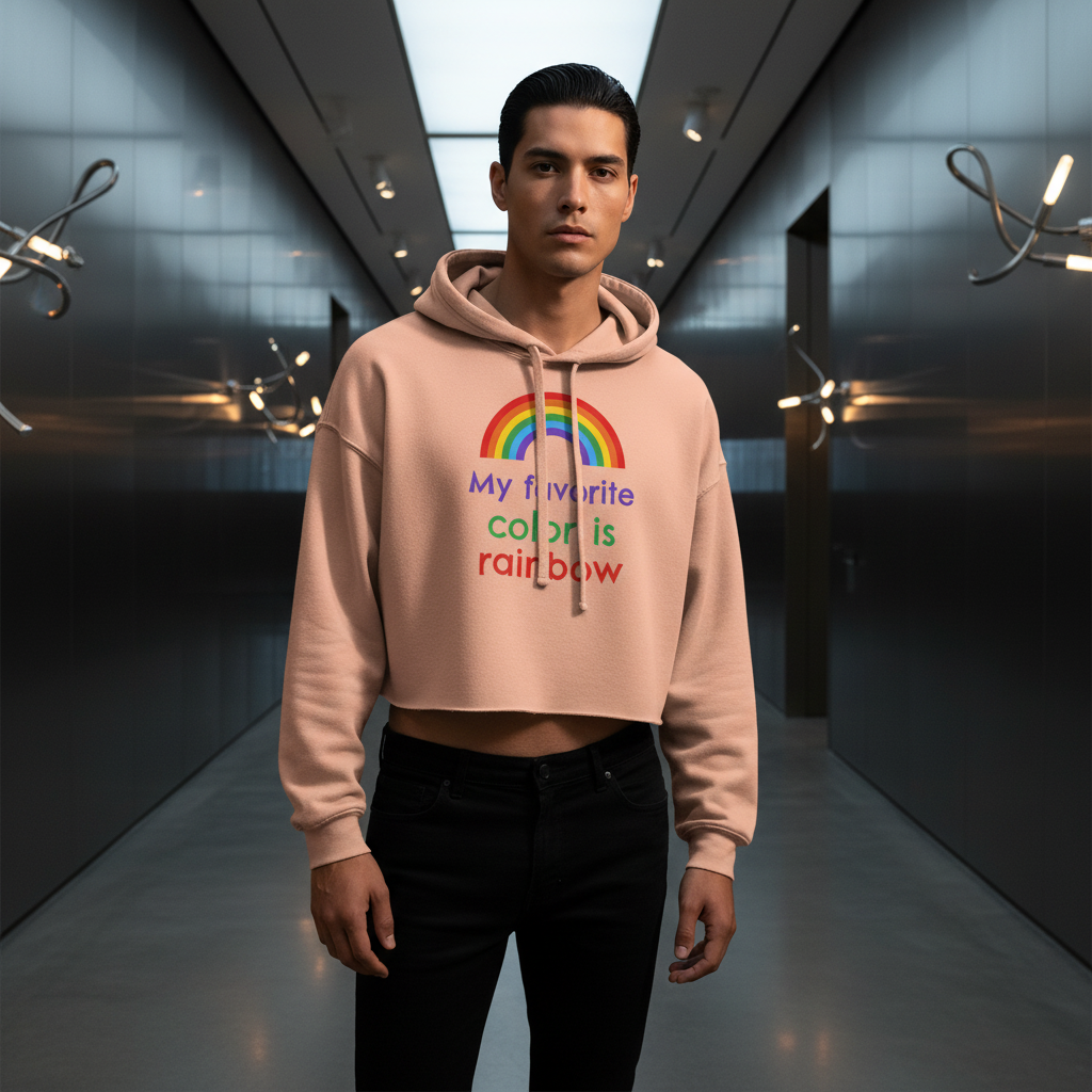 Crop hoodie with bold rainbow design and "My Favorite Colour Is Rainbow" slogan, rocked by a young man in a sleek, well-lit hallway.