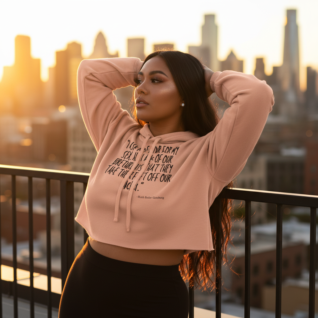 No Favor For My Sex peach crop hoodie with bold black text, worn by a queer woman on a city rooftop at sunset, serving confident femme energy.