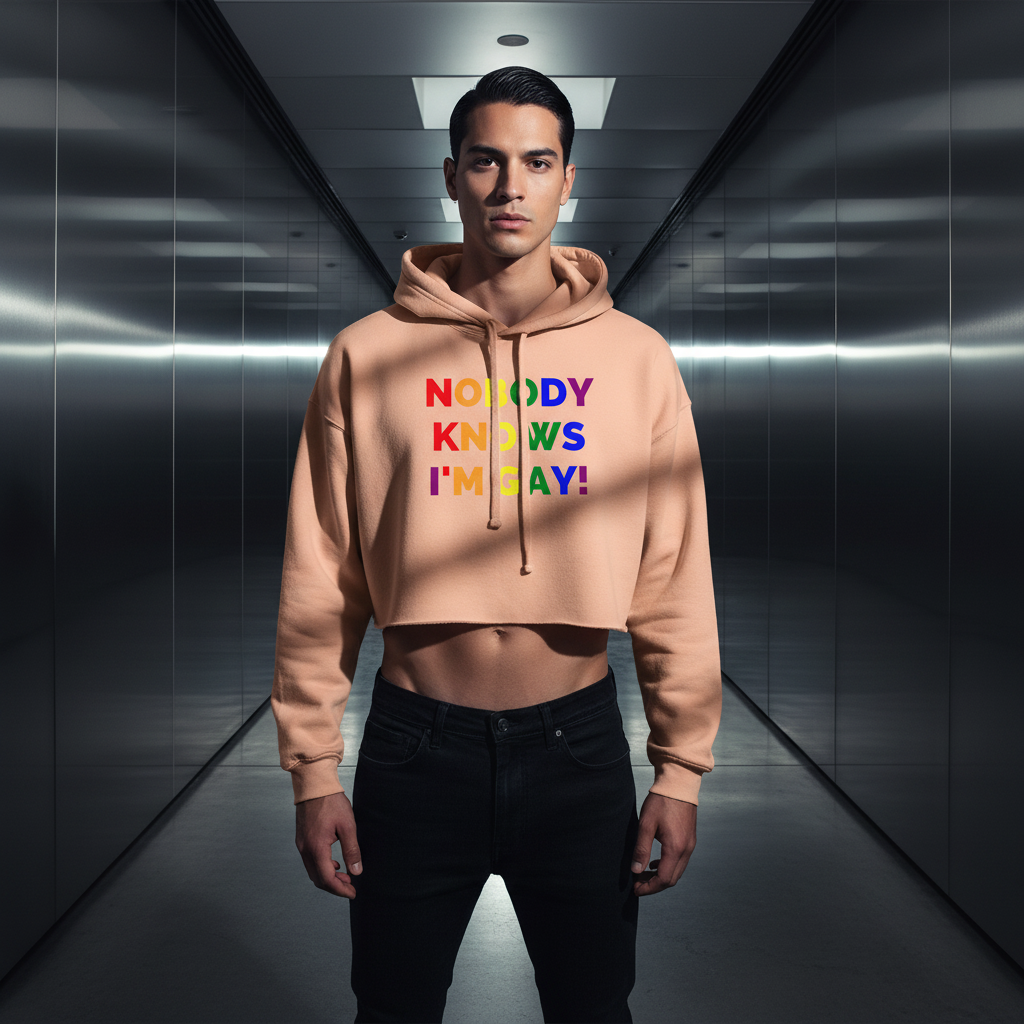 Crop hoodie in peach fabric with rainbow "Nobody Knows I'm Gay!" text, worn by a young man showing midriff in a metallic hallway.