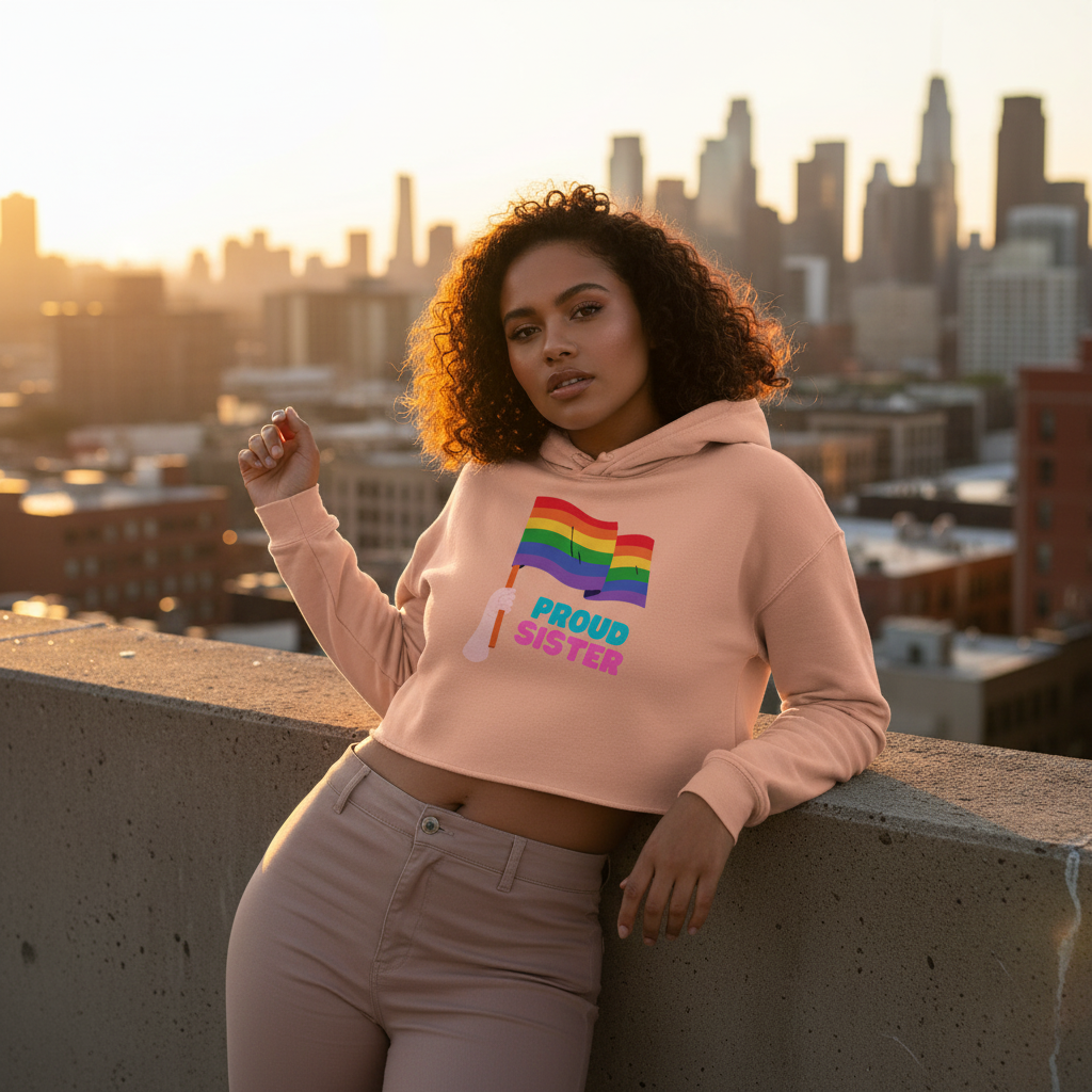 Proud Sister Crop Hoodie—a pink top with a rainbow flag and "Proud Sister" text—boldly repping LGBTQ+ ally pride and queer style.